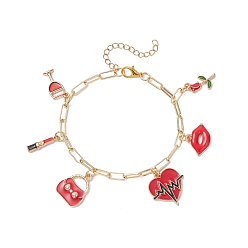 Золотой Сексуальные браслеты с подвесками из эмалевого сплава, браслеты-цепочки из латуни для женщин, помада, сердце и губы, золотые, 7-7/8 дюйм (20 см)
