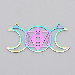 Rainbow Color Ионное покрытие (ip) 201 подвески из нержавеющей стали, лазерная резка тройных ссылок богини луны, религия, плоские круглые со звездой Давида, Радуга цветов, 22x47x1 мм, отверстие : 1.5 мм