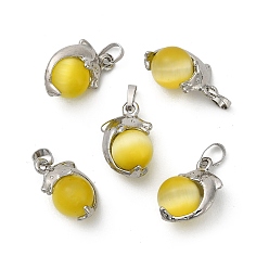 Yellow Cat Eye Pendants, Round with Dolphin Charm, with Alloy Findings, Platinum, Yellow, 19.5x12.5x10.5mm, Hole: 3.5x2.5mm