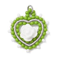 Белый Сердце из стеклянных бусин с подвесками в виде роз, с 304 соединительным кольцом из нержавеющей стали, белые, 23.5x22x7 мм, отверстие : 3.5 мм