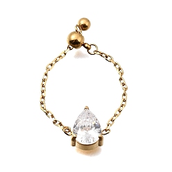 Teardrop 304 Регулируемые кольца цепи из нержавеющей стали с инкрустацией кубическим цирконием, прозрачные, золотые, слеза, внутренний диаметр: 15~17 мм, Поверхность: 9x7 мм
