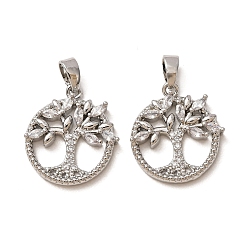 Platinum Brass Micro Pave Clear Cubic Zirconia Pendants, Round with Tree of Life Charms, Platinum, 18.5x16.5x3.5mm, Hole: 2x4.5mm