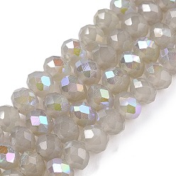 Gray Electroplate Glass Beads Strands, Imitation Jade Beads, Half Plated, Rainbow Plated, Faceted, Rondelle, Gray, 6x5mm, Hole: 1mm, about 80~85pcs/strand, 38~40cm