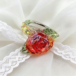 Red Handmade Lampwork Finger Rings, Flower, Red, US Size 6 1/2(16.9mm)