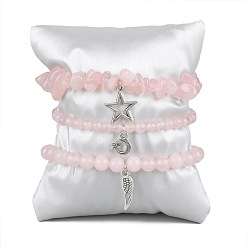 Розовый Кварц Естественно розовый кварц стрейч браслеты, для женщин, амулет звезда, луна и крылья, периметр: 7-1/2 дюйм (19 см), 3 шт / комплект