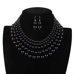 Черный Многослойные ожерелья и серьги-подвески из пластикового жемчуга с круглыми бусинами, сплав ювелирных изделий, золотые, чёрные, 470 мм