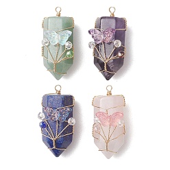 Смешанные камни 4 шт. 4 цвета: натуральный розовый кварц, лазурит, аметист, зеленый авантюрин, подвески из медной проволоки со стеклянной оплеткой, древо жизни, украшенное заостренными пулями, амулеты, золотые, 40~41x16.5~19x21~22 мм, отверстие : 2 мм, 1 шт / цвет