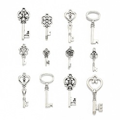 Antique Silver Mixed Tibetan Style Alloy Pendants, Key, Antique Silver, 28~46x9~16x1~4.5mm, Hole: 1.5~5mm, about 45~55pcs/100g