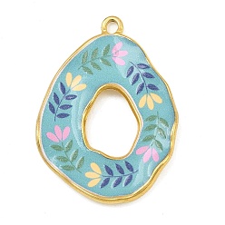 Темно-бирюзовый Печатные 304 подвески из нержавеющей стали, овальные с цветком, вакуумное покрытие pvd, реальный 18 k позолоченный, темные бирюзовый, 34.5x25x2.5 мм, отверстие : 2 мм