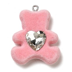 Pink Кулоны из флокированной смолы, медведь, со стразами и платиновой железной петлей, розовые, 36x29x10 мм, отверстие : 2 мм