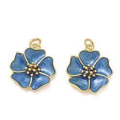 Golden Brass Enamel Pendants, Flower Charms, Rack Plating, Long-Lasting Plated, Cadmium Free & Lead Free, Golden, 20x18x3.8mm, Hole: 3mm