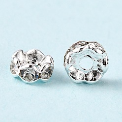 Crystal Brass Rhinestone Spacer Beads, Grade A, Wavy Edge, Silver Color Plated, Rondelle, Crystal, 6x3mm, Hole: 1mm