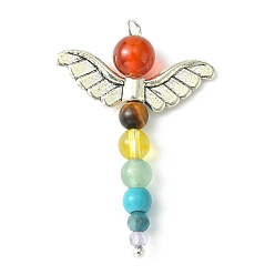Смешанные камни Подвески из драгоценных камней чакры, с крылышками из тибетского сплава, ангельское очарование, 35.5x24.5x6 мм, отверстие : 1.8 мм