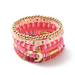 (52) Непрозрачная лаванда Набор браслетов хейши ручной работы из полимерной глины, луна и звезда 304 браслеты из нержавеющей стали с подвесками, браслеты из бисера в форме сердца, Женские силовые браслеты из синтетической бирюзы (окрашенные), разноцветные, внутренний диаметр: 2-1/8~2-3/8 дюйм (5.5~5.9 см), 6 шт / комплект