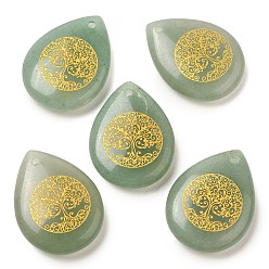 Зеленый Авантюрин Подвески-капли из натурального зеленого авантюрина, подвески-слезинки с гравированным золотым деревом жизни, 33~33.5x24.5~25x7~7.5 мм, отверстие : 2 мм