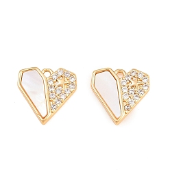 Real 18K Gold Plated Valentine's Day Brass Pave Clear Cubic Zirconia Shell Charms, Geometric Heart Charms, Real 18K Gold Plated, 10x10x2mm, Hole: 1mm