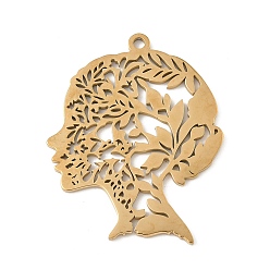 Настоящее золото 18K 304 подвески из нержавеющей стали, голова женщины с амулетом в виде листа, лазерная резка, ионное покрытие (ip), реальный 18 k позолоченный, 39x30.5x1.5 мм, отверстие : 2 мм