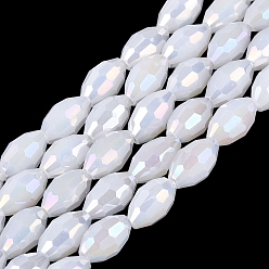 White Electroplate Imitation Jade Glass Beads Strands, Rice, AB Color Plated, Faceted, White, 8~8.5x5.5~6mm, Hole: 1~1.2mm, about 67~68pcs/strand, 21.46~22.24 inch(54.5~56.5cm)