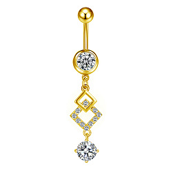 Золотой 304 Кольца для живота с изогнутой штангой и ромбами из нержавеющей стали, инкрустированные прозрачным кубическим цирконием, золотые, Длина стержня: 10мм, штифты : 1.6 мм