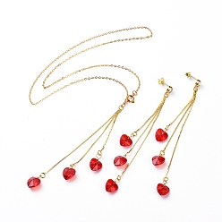 Red Stud Earrings & Pendant Necklaces Sets, with Heart Glass Charms, Brass Chain Chandelier Components Links & Cable Chains & Stud Earring Findings & Ear Nuts, with Cardboard Box, Red, 470mm