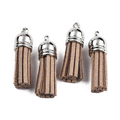 Tan Faux Suede Tassel Pendant Decorations, with CCB Plastic Cord Ends, Platinum, Tan, 35~37x10mm, Hole: 1.8mm