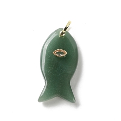 Зеленый Авантюрин Естественный зеленый авантюрин подвески, Подвески в виде рыбок с латунной микропаве из прозрачных кубических цирконий, золотые, 39.5~40x20~20.5x8.5 мм, отверстие : 4x4.5 мм