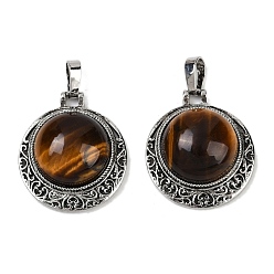 Тигровый глаз Полукруглые подвески из натурального тигрового глаза, сплав драгоценных камней амулеты, античное серебро, без свинца и без кадмия, 25x22x8~9 мм, отверстие : 7x4 мм