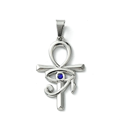 Капри Синий 304 подвески из нержавеющей стали, со стразами, Очарование египетского креста "глаз Гора", Капри синий, 32x20x2.5 мм, отверстие : 7.5x3.5 мм