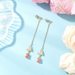 Золотой Серьги-гвоздики с кисточками из синтетического коралла, с латунными соединительными подвесками и 304 цепочками из нержавеющей стали, золотые, 90x11 мм