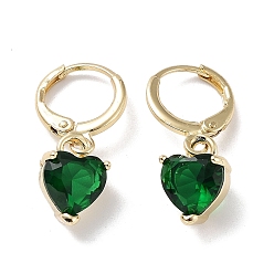Dark Green Real 18K Gold Plated Brass Heart Dangle Leverback Earrings, with Heart Glass, Dark Green, 25x8.5mm