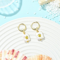 Золотой Серьги-кольца из натурального жемчуга и сплава, квадрат с узором в форме ракушки, золотые, 28x11~12 мм