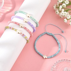 Mixed Color Adjustable Dyed Synthetic Turquoise Religion Cross & Ombre Effect Dyed Glass Rondelle Braided Bead Bracelets, Mixed Color, Inner Diameter: 1.93~3.54 inch(4.9~9cm)
