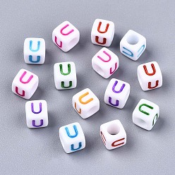 Letter U Акриловые бусины, горизонтальное отверстие, куб с разноцветными буквами, letter.u, 6x6x6 мм, отверстие : 3 мм, Около 2600 шт / 500 г