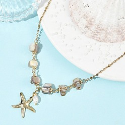 Golden Ocean 304 Stainless Steel Starfish Pendant Natural Freshwater Shell Beaded Chain Necklaces for Women, Seashell Color, Golden, 16.54 inch(42cm)