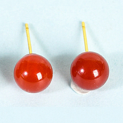 Красный Агат Серьги-гвоздики из натурального сердолика, круглые, золотые, 20x8 мм