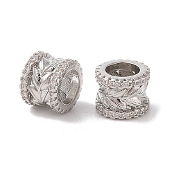 Платина Латунь микропаве прозрачный кубический цирконий европейский бисер, бусины с большим отверстием, столбец с листа, платина, 10x8 мм, отверстие : 6 мм