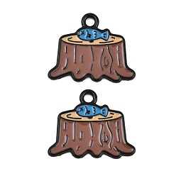 Tan Alloy Enamel Pendants, Stump with Fish Charms, Black, Tan, 19x23x1mm, Hole: 2mm
