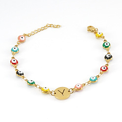 Letter Y Красочные 304 браслеты из нержавеющей стали с плоскими круглыми звеньями и эмалью в виде «злого глаза», Браслеты с подвесками в виде букв для женщин, золотые, реальный 18 k позолоченный, Письмо Y, 6.69 дюйм (17 см)