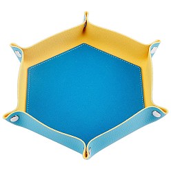 Deep Sky Blue PU Leather Dice Tray, Mat Dice Holder, Metal Dice Rolling Tray, with Metal Bottons, Storage Box for Rolling Dice Games, Hexagon, Deep Sky Blue, 20.6x23.8x4.1cm, Unfold: 248x276x6mm