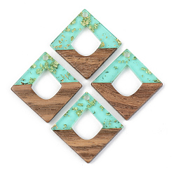 Pale Turquoise Transparent Resin & Walnut Wood Pendants, with Gold Foil, Rhombus, Pale Turquoise, 27.5x27.5x3mm, Hole: 2mm, Side Length: 19.5mm