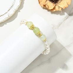 Mixed Color Natural Cultured Freshwater Pearl & New Jade & Brass Beaded Bracelets for Women, Round & Rice, Mixed Color, 7.80 inch(19.8cm)