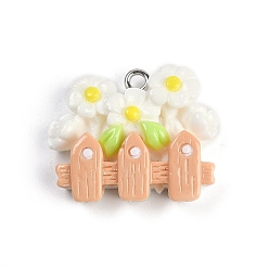 Белый Подвески из смолы, с железной платиной петлей, цветок и забор, белые, 21x25x7.5 мм, отверстие : 2 мм