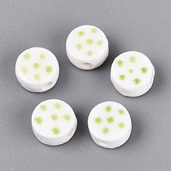 Pale Green Handmade Porcelain Beads, Hand Painted, Famille Rose Porcelain, Flat Round with Polka Dot, Pale Green, 8.5x4.5mm, Hole: 1.8~2mm