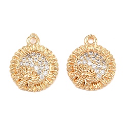 Настоящее золото 18K Латунные микро проложить кубического циркония подвески, подвески подсолнух с пчелами, реальный 18 k позолоченный, 15x12x2.5 мм, отверстие : 1.4 мм
