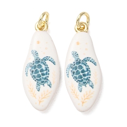 Dark Cyan Printed Brass Pendants, Teardrop with Turtle Charms, Golden, Dark Cyan, 26x10x3mm, Hole: 3mm
