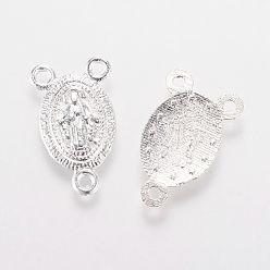Серебро Сплав люстра компонента ссылки тибетском стиле, 3 Разъемы петли, части розария, овальные с рисунками " virgin mary", серебряный цвет гальваническим, 16.5x10x1 мм, отверстие : 1.5 мм