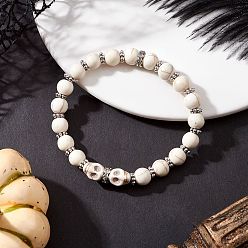 Белый Браслеты на Хэллоуин с латунными кристаллами, стразами, окрашенной синтетической бирюзой, черепами и круглыми бусинами для мужчин и женщин, платина, белые, внутренний диаметр: 2-3/8 дюйм (6 см)