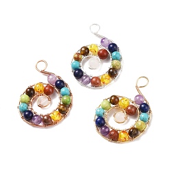 (52) Непрозрачная лаванда Большие подвески из натурального и синтетического смешанного камня, с янтарными бусинами, имитирующими смолу, и обернутыми медной проволокой, вихревые, разноцветные, 47~49x33~34x6.5 мм, отверстие : 5~6 мм