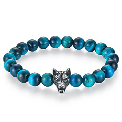 Тигровый глаз Браслеты из круглых бусин из натурального окрашенного синего тигрового глаза, ювелирные изделия из нержавеющей стали для мужчин, волк