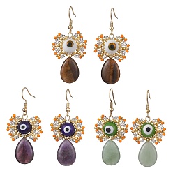 Mixed Stone Natural Gemstone Dangle Earrings, with Glass Seed Beads and 304 Stainless Steel Earring Hooks, Teardrop with Evil Eye, 52x23mm, 3 pairs/set